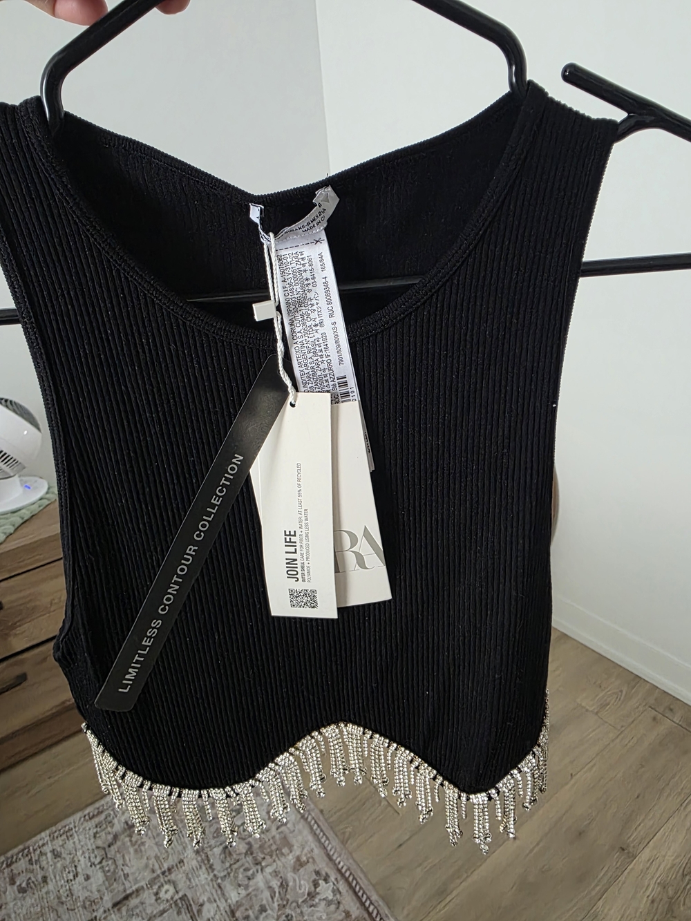 Zara Black Ribbed Crop Top with Beaded Fringe
